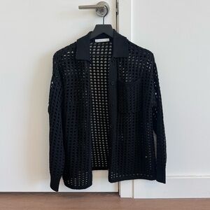 OAK + FORT Black Open-Weave Button Cardigan